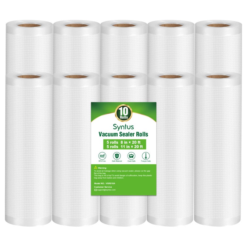 Syntus Vacuum Sealer Bags 10 Pack 5 Roll 11 x 20 and 5 Roll 8 x 20 Commercial Grade BPA Free Bag Rolls Food Vac Bags for Storage Meal Prep or Sous Vide