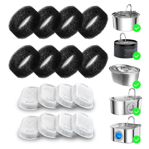 Wonder Creature 16 Pack Cat Water Fountain Filter Replacement, 4+4/8+8/12+12/16+16 Pack for Stainless Steel Cat Fountain 2L/67oz and 3.2L/108oz, 8 Carbon Filters & 8 Pre-Filter Sponges - Image 1