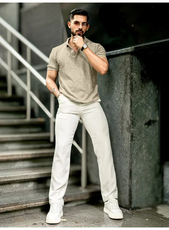 Maniac Mens Checked Flatknit Beige Cotton Slim Fit T-Shirt