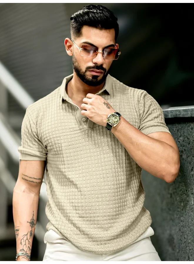 Maniac Mens Checked Flatknit Beige Cotton Slim Fit T-Shirt