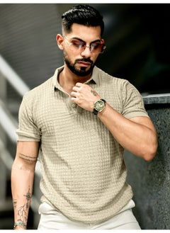 Maniac Mens Checked Flatknit Beige Cotton Slim Fit T-Shirt  - Image 3
