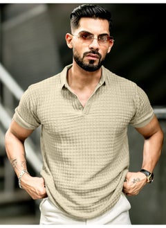 Maniac Mens Checked Flatknit Beige Cotton Slim Fit T-Shirt  - Image 1