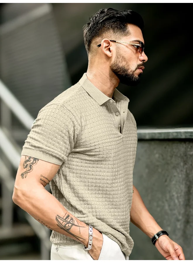 Maniac Mens Checked Flatknit Beige Cotton Slim Fit T-Shirt