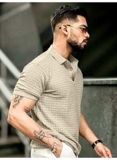 Maniac Mens Checked Flatknit Beige Cotton Slim Fit T-Shirt  - Image 5