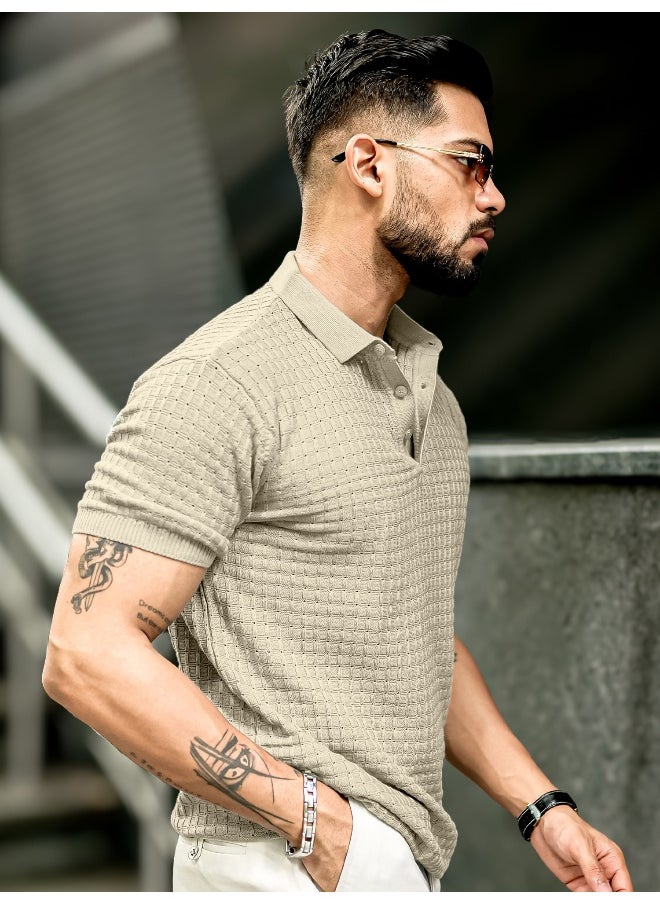 Maniac Mens Checked Flatknit Beige Cotton Slim Fit T-Shirt  - Image 5