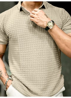 Maniac Mens Checked Flatknit Beige Cotton Slim Fit T-Shirt  - Image 4