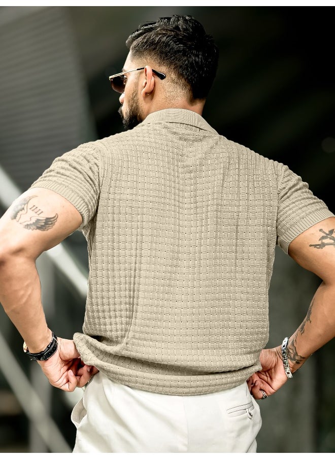 Maniac Mens Checked Flatknit Beige Cotton Slim Fit T-Shirt  - Image 2