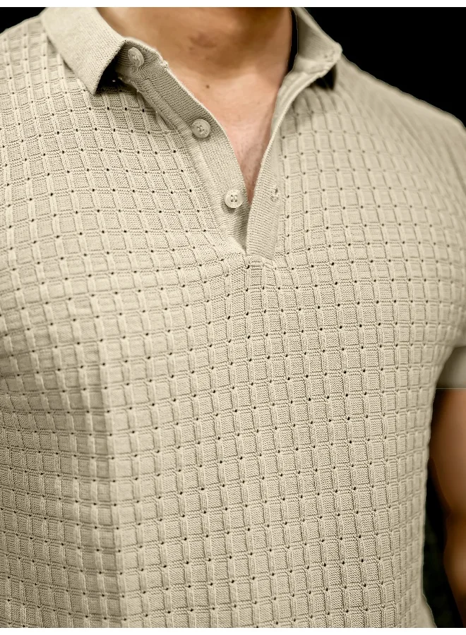 Maniac Mens Checked Flatknit Beige Cotton Slim Fit T-Shirt