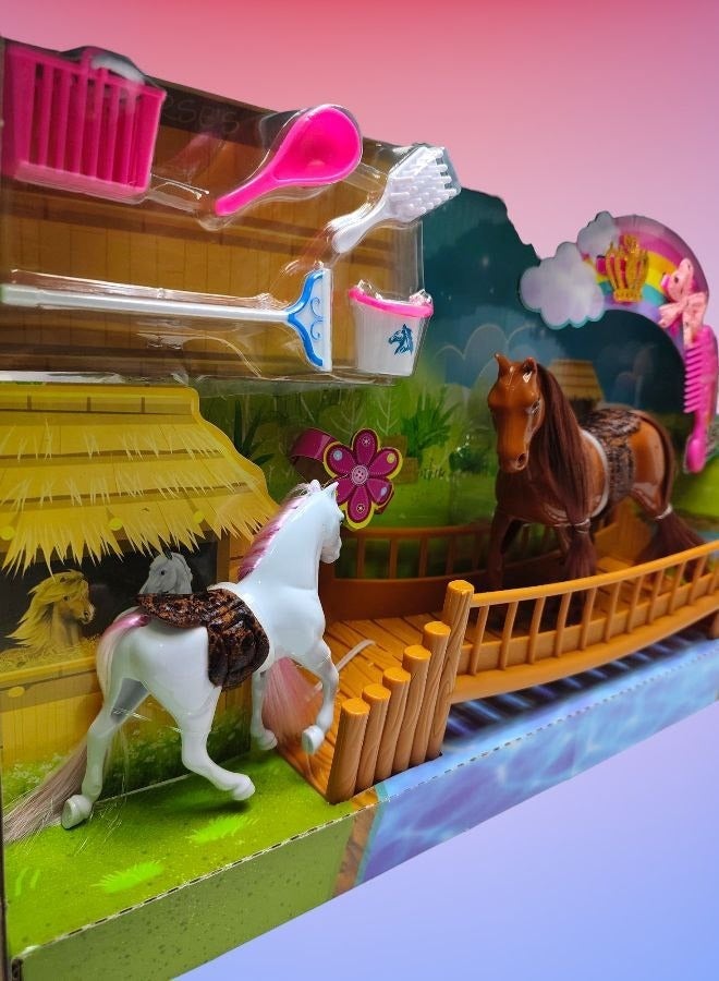 Charming Horse Knight Animal Figure: Set of white and brown plastic horses with bridge and mini house accessories  - Image 4