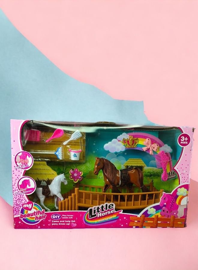 Charming Horse Knight Animal Figure: Set of white and brown plastic horses with bridge and mini house accessories  - Image 1