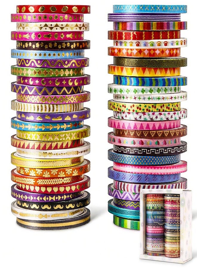 emmoolife 50 Rolls Skinny Washi Tape Set 3mm Wide, Gold Foil Print Masking Thin Basic Patterns Decorative Tapes for Scrapbooking, Junk Journal Supplies, Bullet Journaling, Craft Tape for Women Girl - Image 1