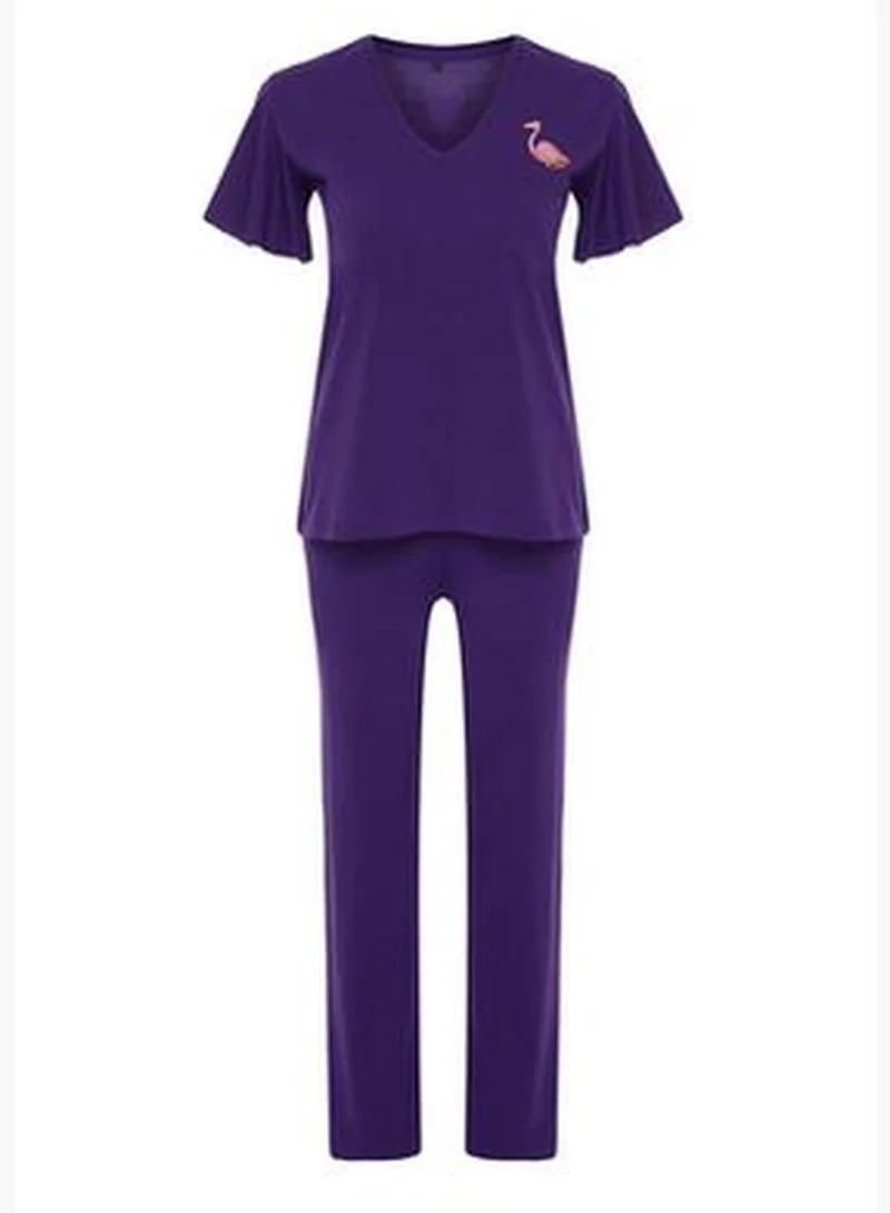 trendyol Purple Printed T-shirt-Pants Knitted Pajamas Set