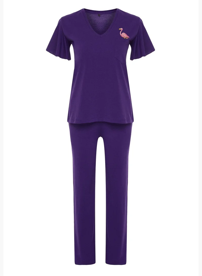 trendyol Purple Printed T-shirt-Pants Knitted Pajamas Set