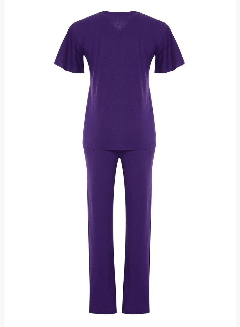 trendyol Purple Printed T-shirt-Pants Knitted Pajamas Set