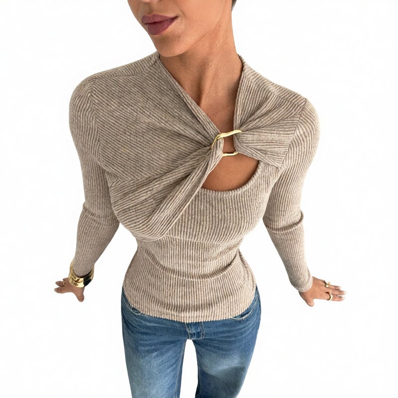 Soft Asymmetrical Draped Cutout Long Sleeve Tunic Top With Metal Button Trim - Image 1