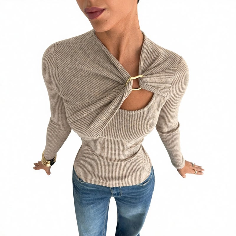 Soft Asymmetrical Draped Cutout Long Sleeve Tunic Top With Metal Button Trim - Image 2