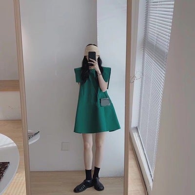 Summer New Style Dress Womens Solid Color Elegant Flesh Covering Sleeveless A- Line Skirt ins Small Men Light Mature Style Trendy Skirt 1118 Green 