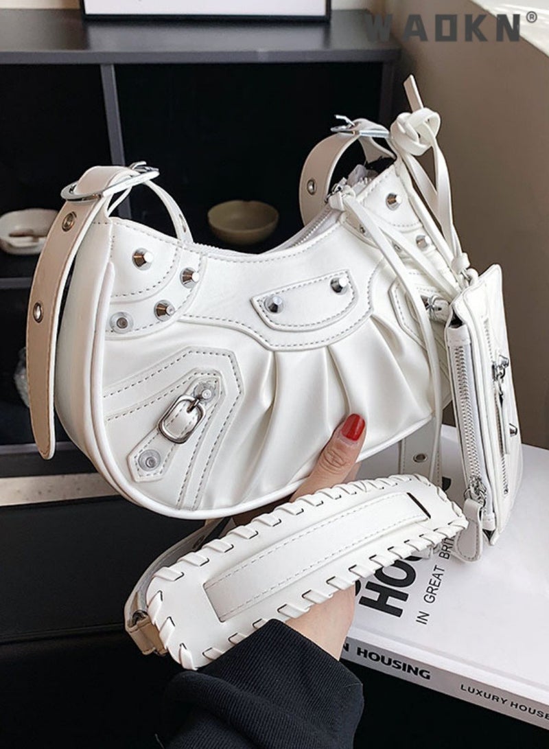 WAOKN Women's Rivet Shoulder Bag with Integrated Small Card Holder, Ladies New Fashion Armpit Bag Crossbody Bag Sling Bag Side Bag Carry Bag,Fashionable Pleated Wallet Coin Purse,for Runing,Shopping,Travel  - Image 1
