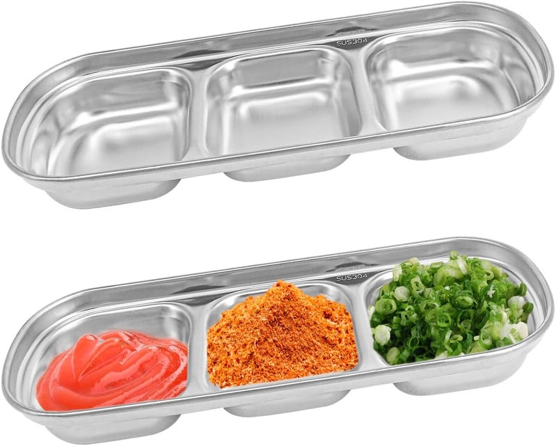 DOERDO DD DOERDO 2Pcs Stainless Steel Dipping Sauce Dishes 3 Compartment Appetizer Serving Trays Snack Dishes for Soy Sauce Ketchup Seasoning Silver 81x33 Inch - Image 1