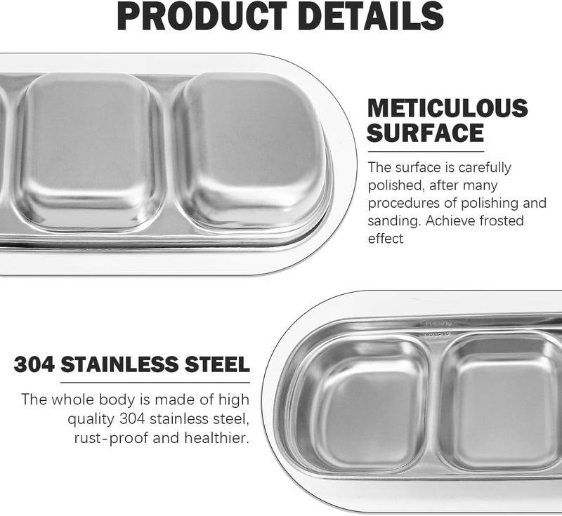DOERDO DD DOERDO 2Pcs Stainless Steel Dipping Sauce Dishes 3 Compartment Appetizer Serving Trays Snack Dishes for Soy Sauce Ketchup Seasoning Silver 81x33 Inch - Image 4