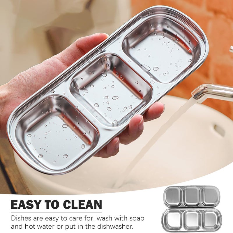 DOERDO DD DOERDO 2Pcs Stainless Steel Dipping Sauce Dishes 3 Compartment Appetizer Serving Trays Snack Dishes for Soy Sauce Ketchup Seasoning Silver 81x33 Inch - Image 3