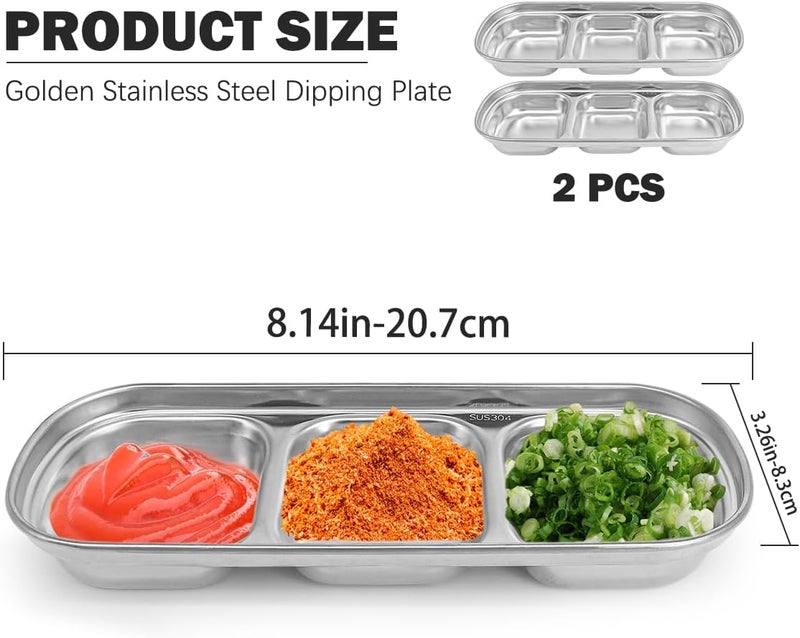 DOERDO DD DOERDO 2Pcs Stainless Steel Dipping Sauce Dishes 3 Compartment Appetizer Serving Trays Snack Dishes for Soy Sauce Ketchup Seasoning Silver 81x33 Inch - Image 2