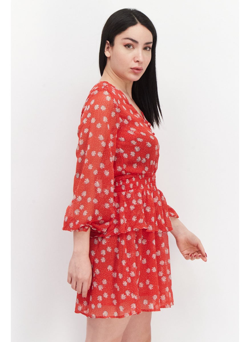 Pepe Jeans Women Floral Pattern Midi Dress, Red  - Image 3