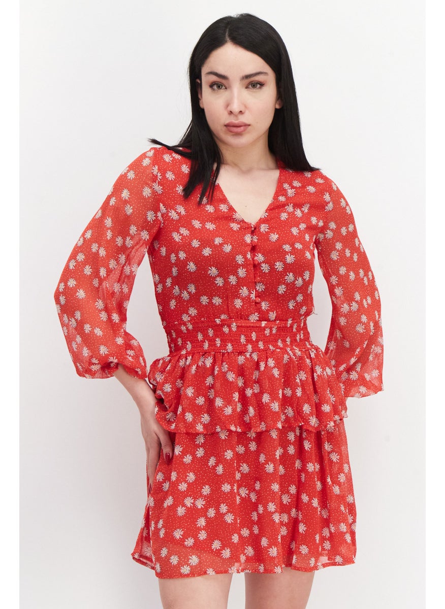 Pepe Jeans Women Floral Pattern Midi Dress, Red  - Image 1