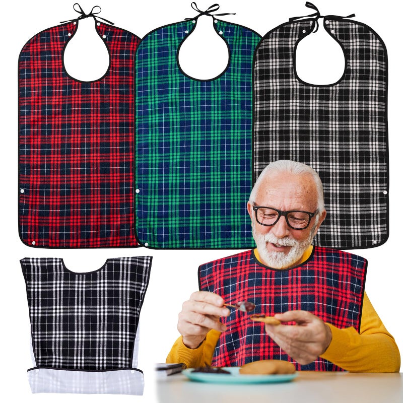 XKDOUS 3 Pack Adult Bibs for Men & Seniors, Reusable & Waterproof Clothing Protector with Crumb Catcher Pocket for Eating, Feeding Bibs for Elderly Women Men, Ideal Senior Citizens Gifts - Image 1