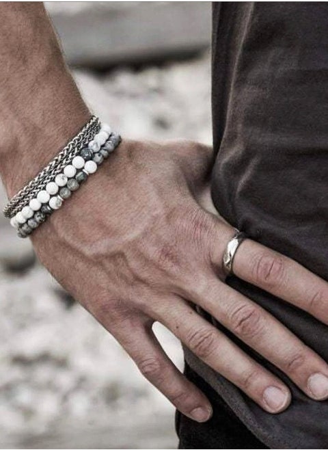 Men’s Hip-Hop Stretch Natural Stone Bracelet Set  Multi-Layer Wrap Chain Wrist Accessories