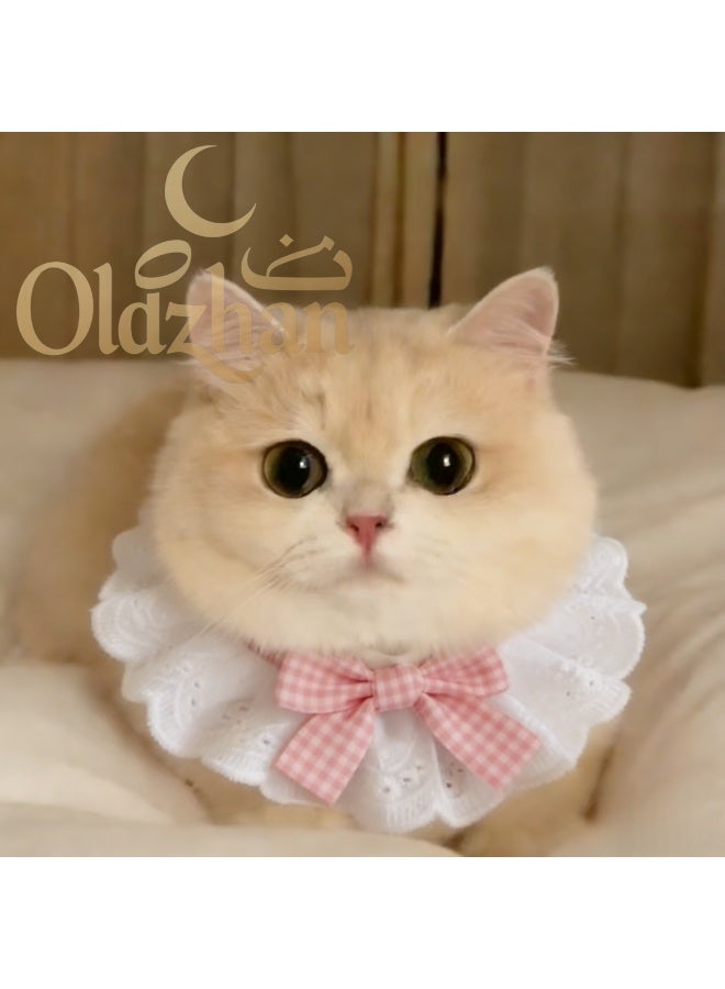 Oldzhan Cat pure cotton lace scarf, drool-proof pet bowknot, cute scarf, decorative bib, dog bib accessory (pink) - Image 1