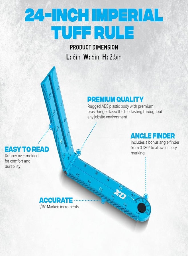 OX Tools Pro 24 Inch Cyan Imperial Tuff Construction Ruler with 3 Quick Measure Sections & Easy Angle Finder - Image 3