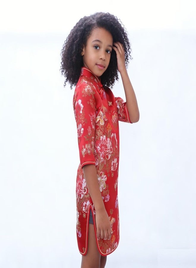 SZCQ Chinese Girls Dress Peony Rose Qipao Half Sleeve Cheongsam Wedding Dresses Princess Birthday Party Costume (Red,16) - Image 4