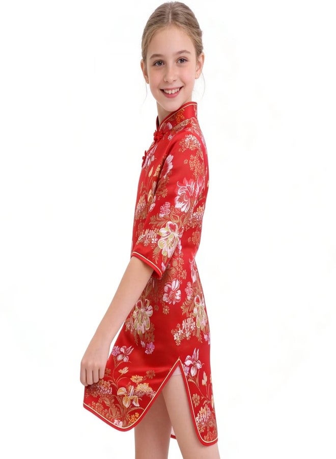 SZCQ Chinese Girls Dress Peony Rose Qipao Half Sleeve Cheongsam Wedding Dresses Princess Birthday Party Costume (Red,16) - Image 2