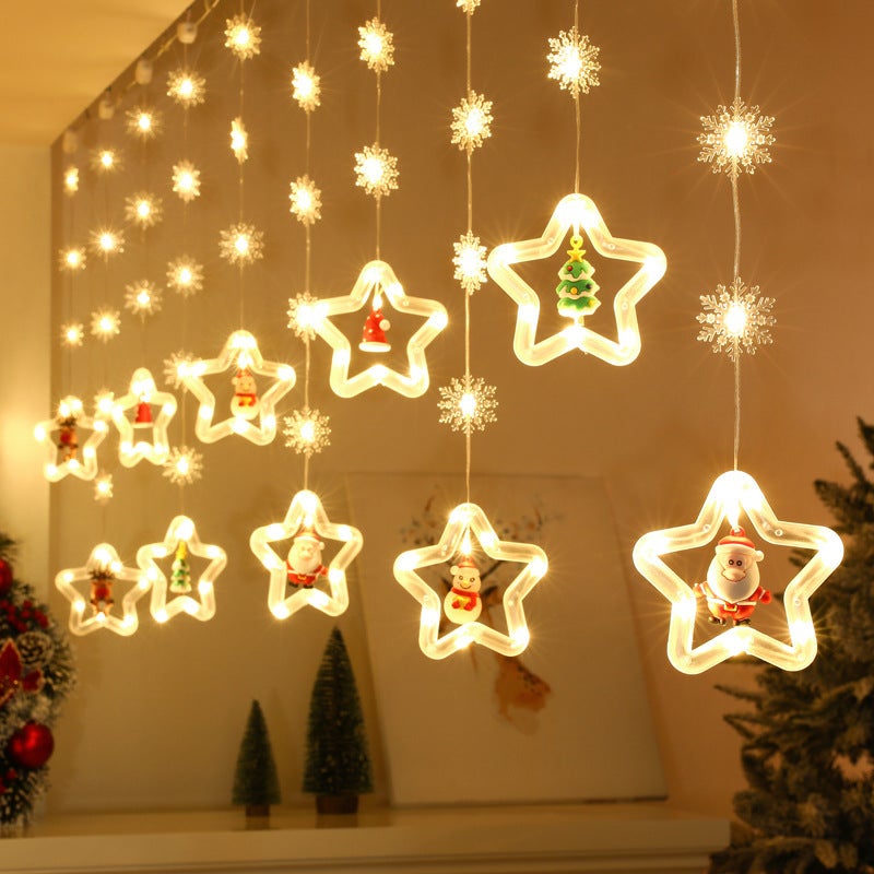 أضواء تزيين عيد الميلان عبر الحدود، أضواء ستائر نجم خماسي الأضلاع، أضواء LED، أضواء شريط جليدي نجمي، أضواء حبل جلدي عيد الميلان لرجل الثلج، دائرة نجم خماسي الأضلاع + ضوء شريط جليدي بلورية، تحكم عن بعد، يو إس بي (USB)