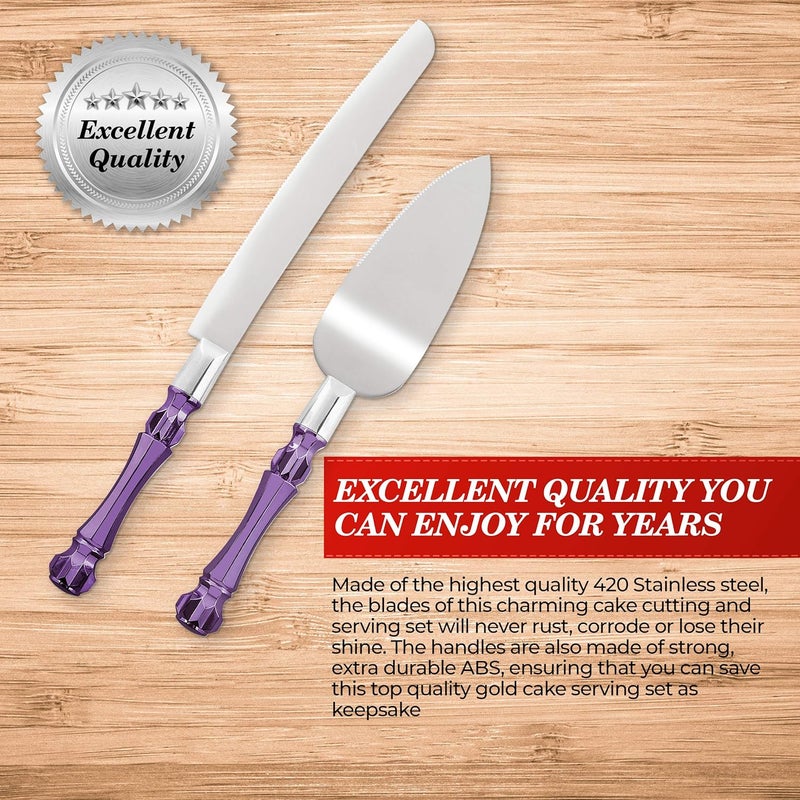 Homi styles Purple Wedding Cake Knife and Server Set, Cake Cutter and Spatula, Acrylic Handle Set with 1.2mm Thick Blades for Weddings and Parties - Image 3