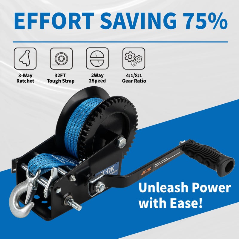 AC-DK 3500lbs Heavy Duty Boat Trailer Winch with 32FT Strapï¼Œ2-Way Ratchet 4:1/8:1 Gear Trailer Winchï¼ŒPortable Hand Crank Winch for Boat, Truck, Trailer, RV, ATV, Jet Ski - Image 2