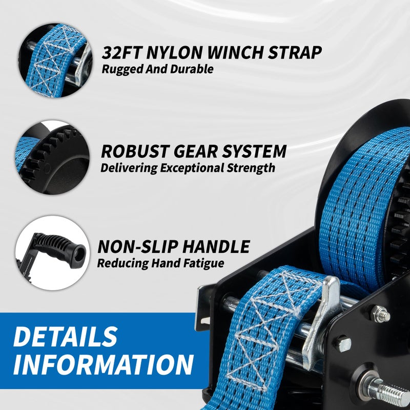 AC-DK 3500lbs Heavy Duty Boat Trailer Winch with 32FT Strapï¼Œ2-Way Ratchet 4:1/8:1 Gear Trailer Winchï¼ŒPortable Hand Crank Winch for Boat, Truck, Trailer, RV, ATV, Jet Ski - Image 3
