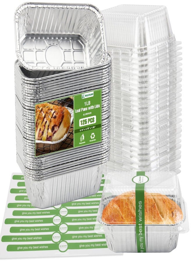 Ruckae 1lb Aluminum Mini Loaf Pans with Lids Silver Disposable Foil Mini Loaf Baking Pans Small Bread Tins for Party,Picnics,Gifts- 6" X 3.5" X 1.8" (125pcs+lids+stickers) - Image 1