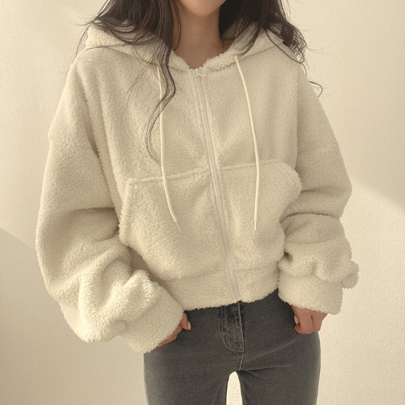Lamb Fleece Coat Womens 2024 Autumn and Winter Coat Thickened Warm Furry Jacket Zipper Hooded Lamb Suit 702m white 