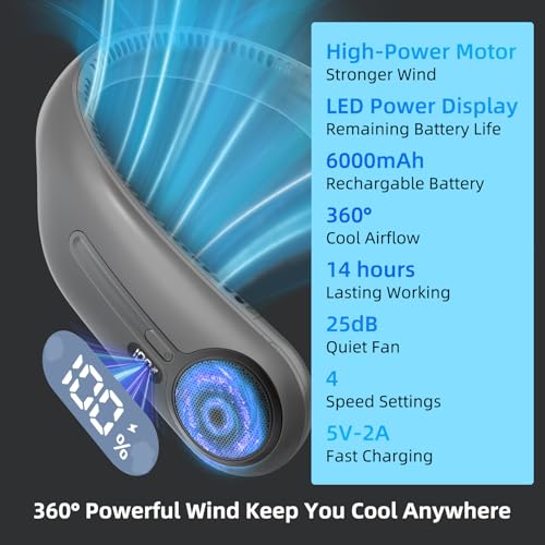 Kinhowly Portable Neck Fan, Personal Wearable Bladeless Fan, 6000mAh USB Rechargeable, 360° Cooling, LED Display, 4-Speeds, Hands Free Fan for Outdoor Indoor, Birthday Gifts for Men Women Dad Mom (Dark grey) - Image 3