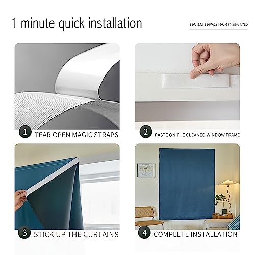Jilron Magic Tape Stick on Portable Curtains for Windows,Bedroom Blackout Curtains for - Thermal Lnsulated No Drill Curtains Room Darkening Black Small Drapes(1 Panels,35Wx48L inch-Dark Blue) - Image 4