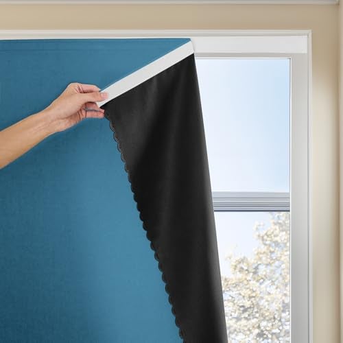 Jilron Magic Tape Stick on Portable Curtains for Windows,Bedroom Blackout Curtains for - Thermal Lnsulated No Drill Curtains Room Darkening Black Small Drapes(1 Panels,35Wx48L inch-Dark Blue) - Image 1