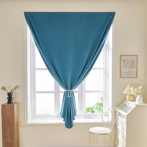 Jilron Magic Tape Stick on Portable Curtains for Windows,Bedroom Blackout Curtains for - Thermal Lnsulated No Drill Curtains Room Darkening Black Small Drapes(1 Panels,35Wx48L inch-Dark Blue) - Image 2