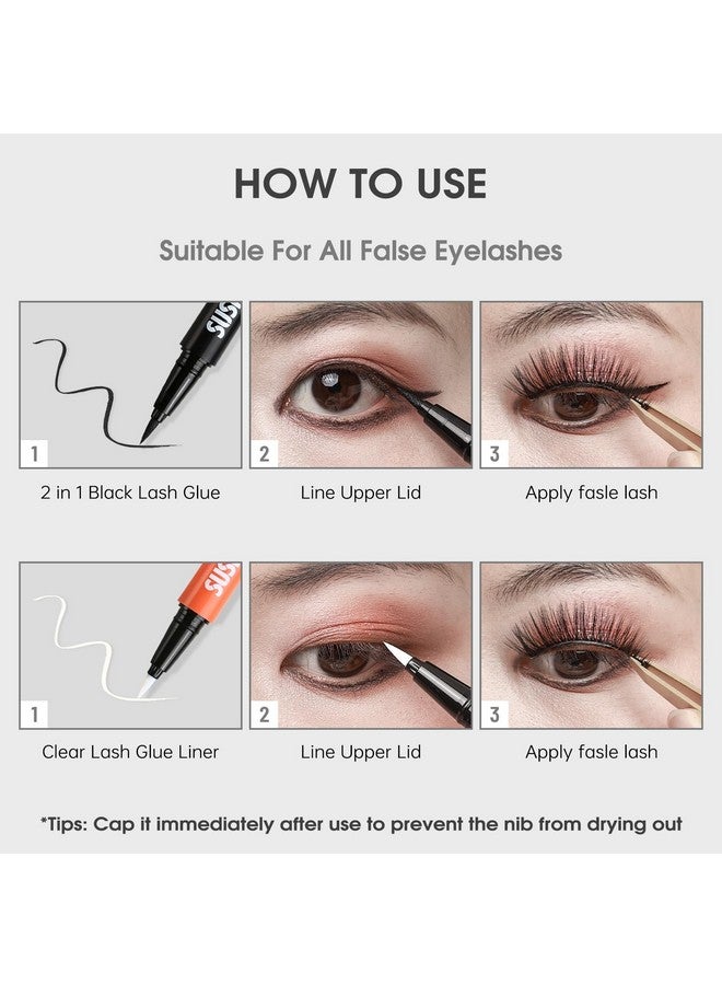 SUSIKEKI Lash Glue Liner Set 2-In-1 Black Eyelash Glue & Eyeliner+Clear Lash Glue Liner+3 Pairs 3D Natural False Eyelashes Kit Long-Lasting Waterproof Quick-Dry Strong Hold Felt Tip Pen Lash Adhesive - Image 5