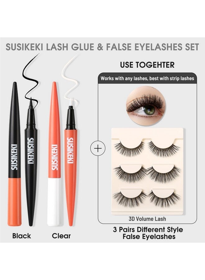 SUSIKEKI Lash Glue Liner Set 2-In-1 Black Eyelash Glue & Eyeliner+Clear Lash Glue Liner+3 Pairs 3D Natural False Eyelashes Kit Long-Lasting Waterproof Quick-Dry Strong Hold Felt Tip Pen Lash Adhesive - Image 2