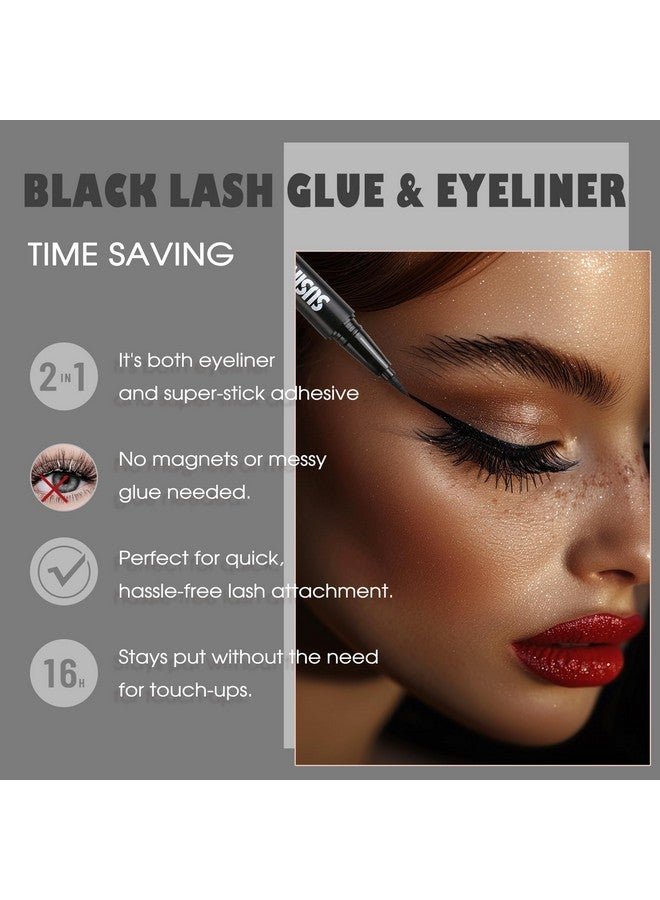 SUSIKEKI Lash Glue Liner Set 2-In-1 Black Eyelash Glue & Eyeliner+Clear Lash Glue Liner+3 Pairs 3D Natural False Eyelashes Kit Long-Lasting Waterproof Quick-Dry Strong Hold Felt Tip Pen Lash Adhesive - Image 3