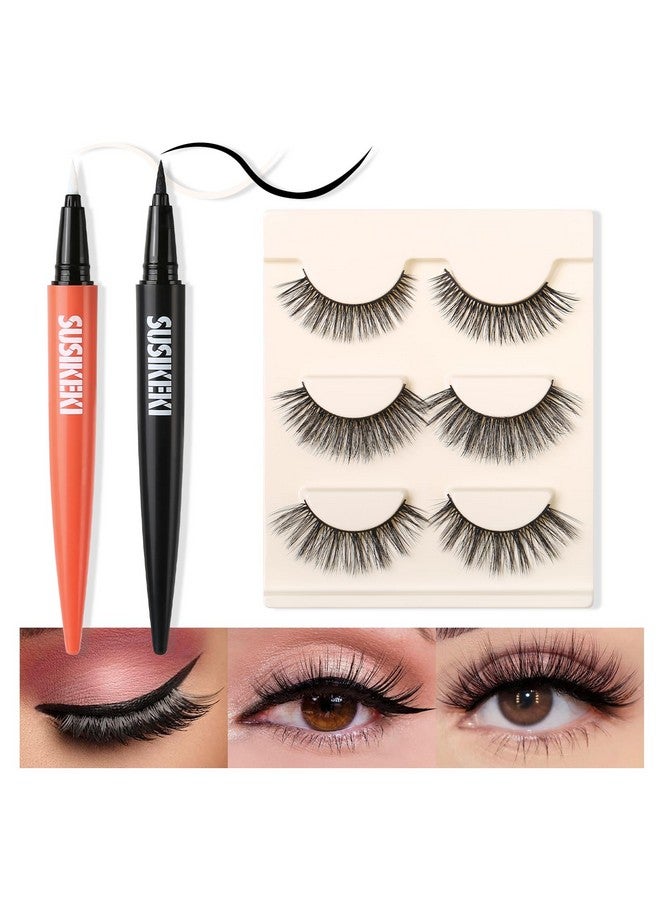 SUSIKEKI Lash Glue Liner Set 2-In-1 Black Eyelash Glue & Eyeliner+Clear Lash Glue Liner+3 Pairs 3D Natural False Eyelashes Kit Long-Lasting Waterproof Quick-Dry Strong Hold Felt Tip Pen Lash Adhesive - Image 1