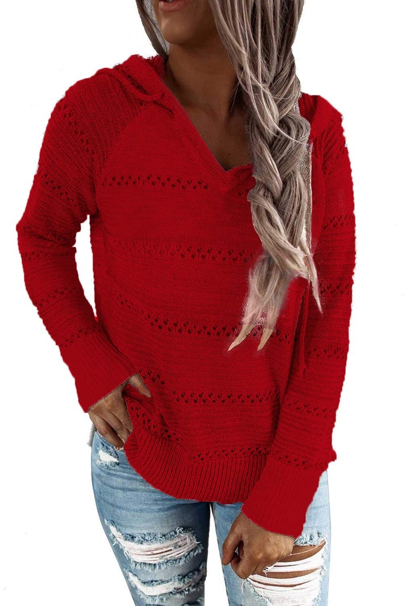 FEKOAFE Womens Cute Loose Solid Color Hoodies Lightweight Knit Sweaters Long Sleeve Fashion Striped V Neck Hoodies Red XXL - Image 2