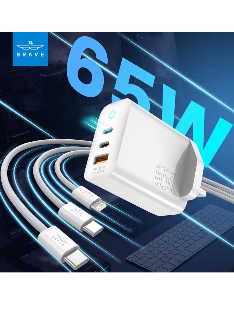 Brave 65W USB C Charger 3-Port GaN Laptop Charger Type C Fast Wall Charger Plug Compatible for MacBook Pro/Air, HP/Dell/Lenovo, iPad Pro/Air, iPhone 15 Pro Max, Galaxy S24 Ultra/S23 (Including 2 Cable) - Image 2